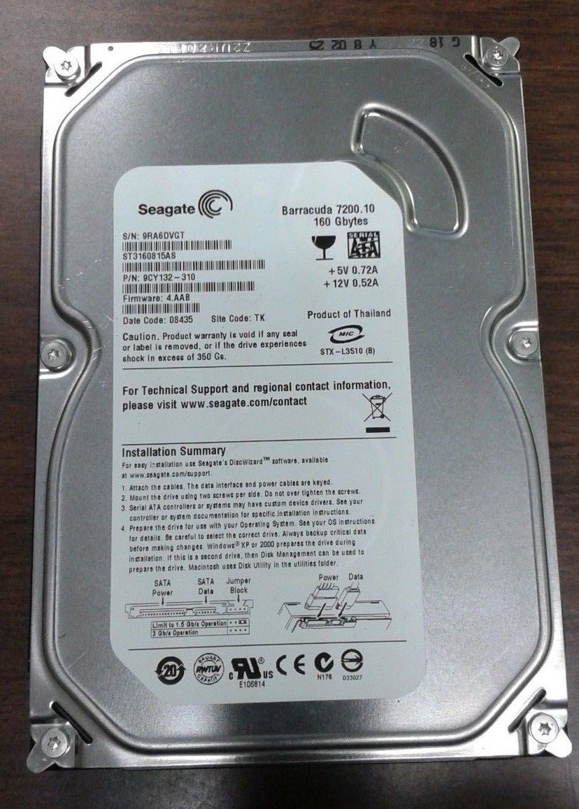 SEAGATE 160GB 7.2K RPM SATA ST3160815AS PN 9CY132-310 Hard Drive