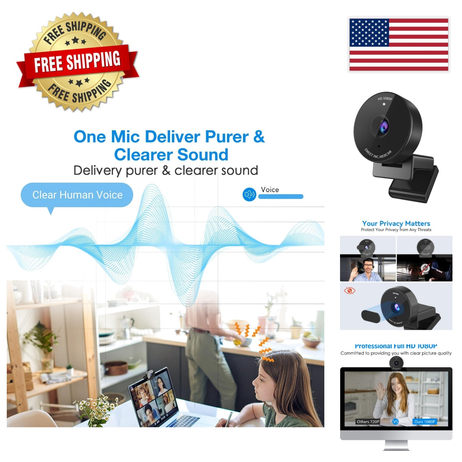 C950 1080P USB Webcam with Mic & Privacy Cover for Online Meetings and Classes