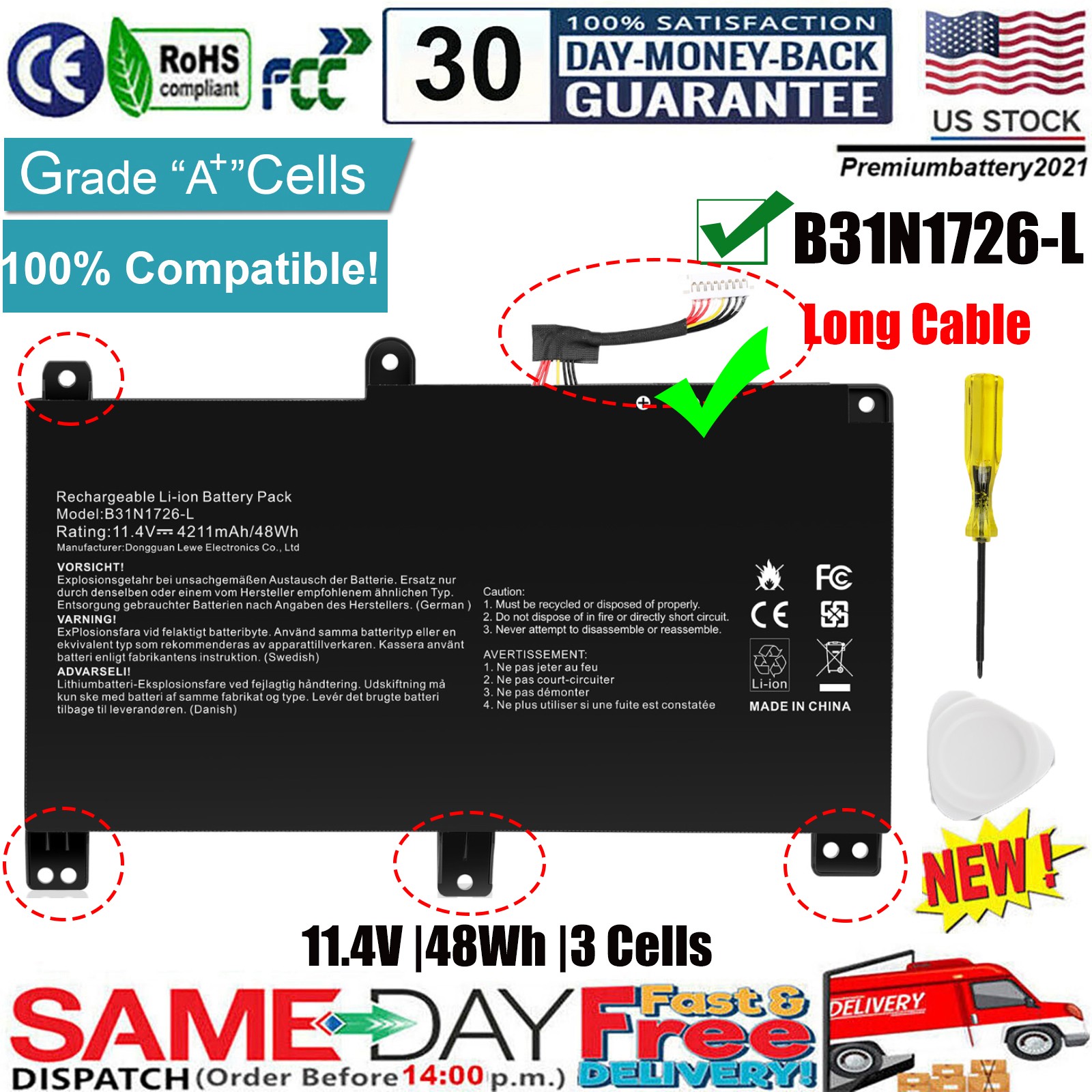 ✅NEW B31N1726 Battery for ASUS ROG Strix G531 G531GT G15 G512LI G512 -Long Cable