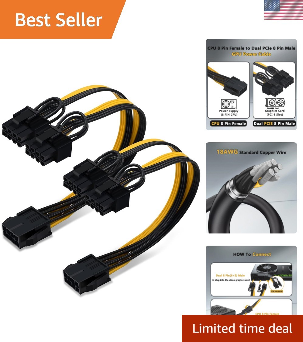 2-Pack CPU to GPU, CPU 8 Pin Female to Dual PCIe 8 Pin 6+2 Male Splitter Cabl...