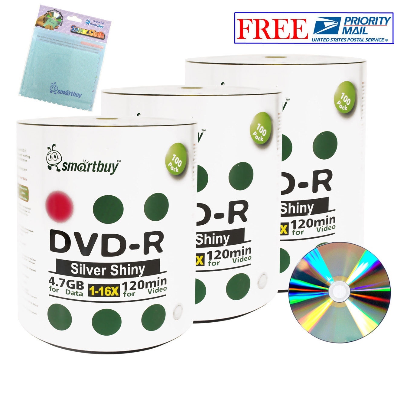 300 Pack Smartbuy DVD-R 16X 4.7GB Shiny Silver Blank Disc+FREE Micro Fiber Cloth