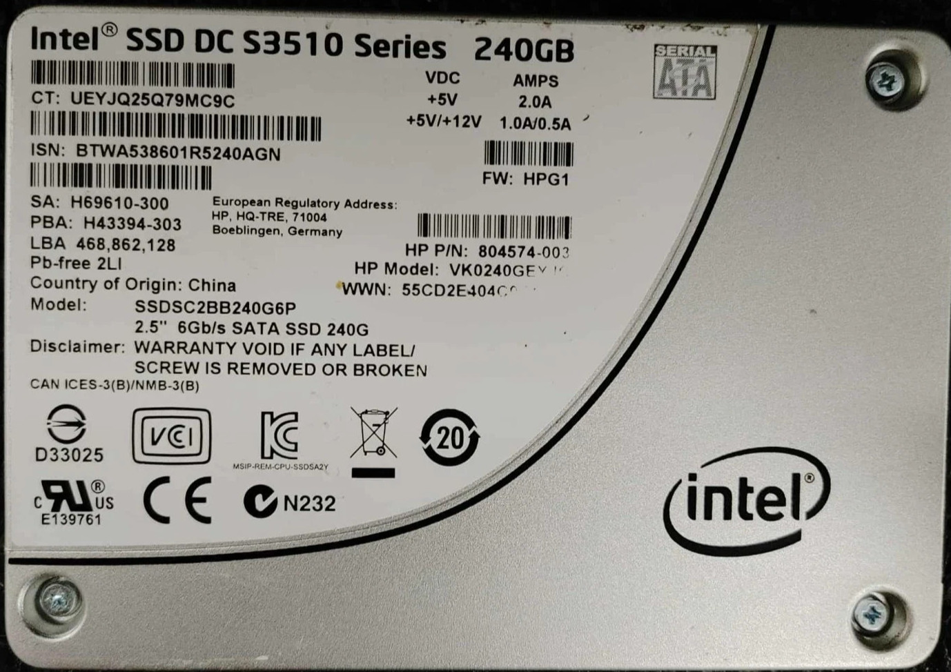 HP 240GB 2.5" SATA III SSD 804574-003 SSDSC2BB240G6P DC S3510 Series Drive~~