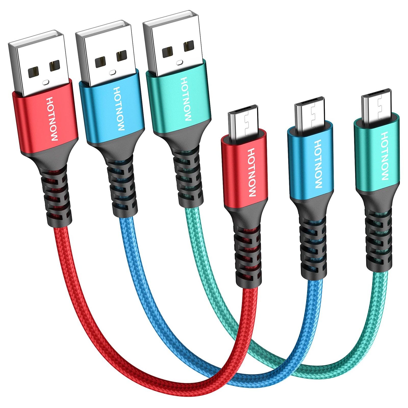 HOTNOW Short USB A to Micro Cable 1FT 1FT+1FT+1FT, Red+Blue+Green 