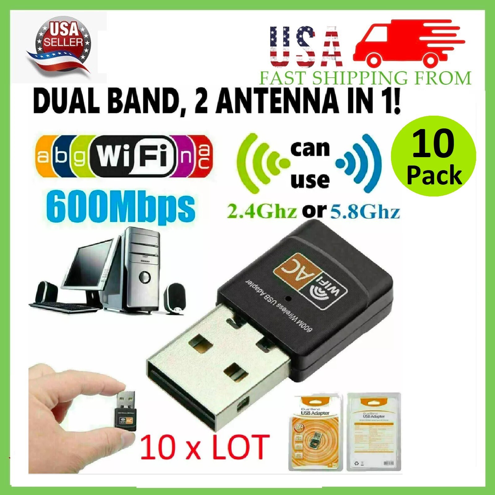 Lot of 10 x AC600 Mbps Dual Band 2.4/5Ghz Wireless USB Mini WiFi Network 802.11