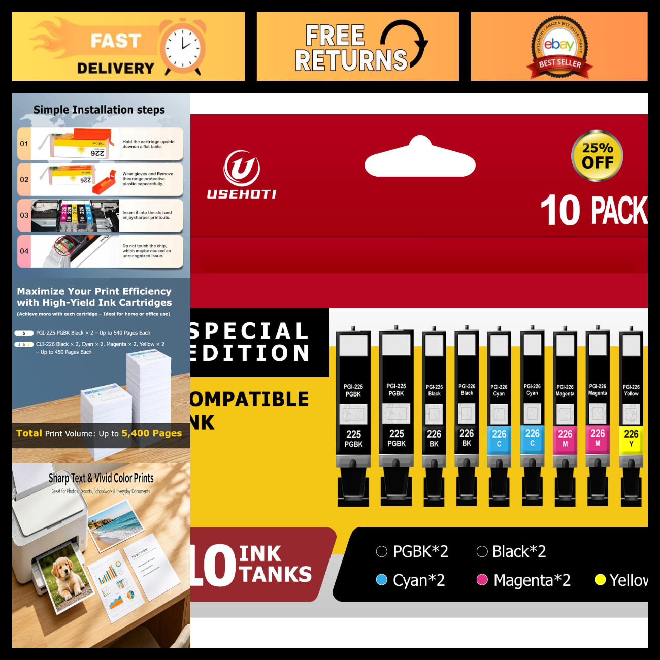 10-Pack Compatible Ink Cartridges for Canon PGI-225 CLI-226, Value Set for PIXMA