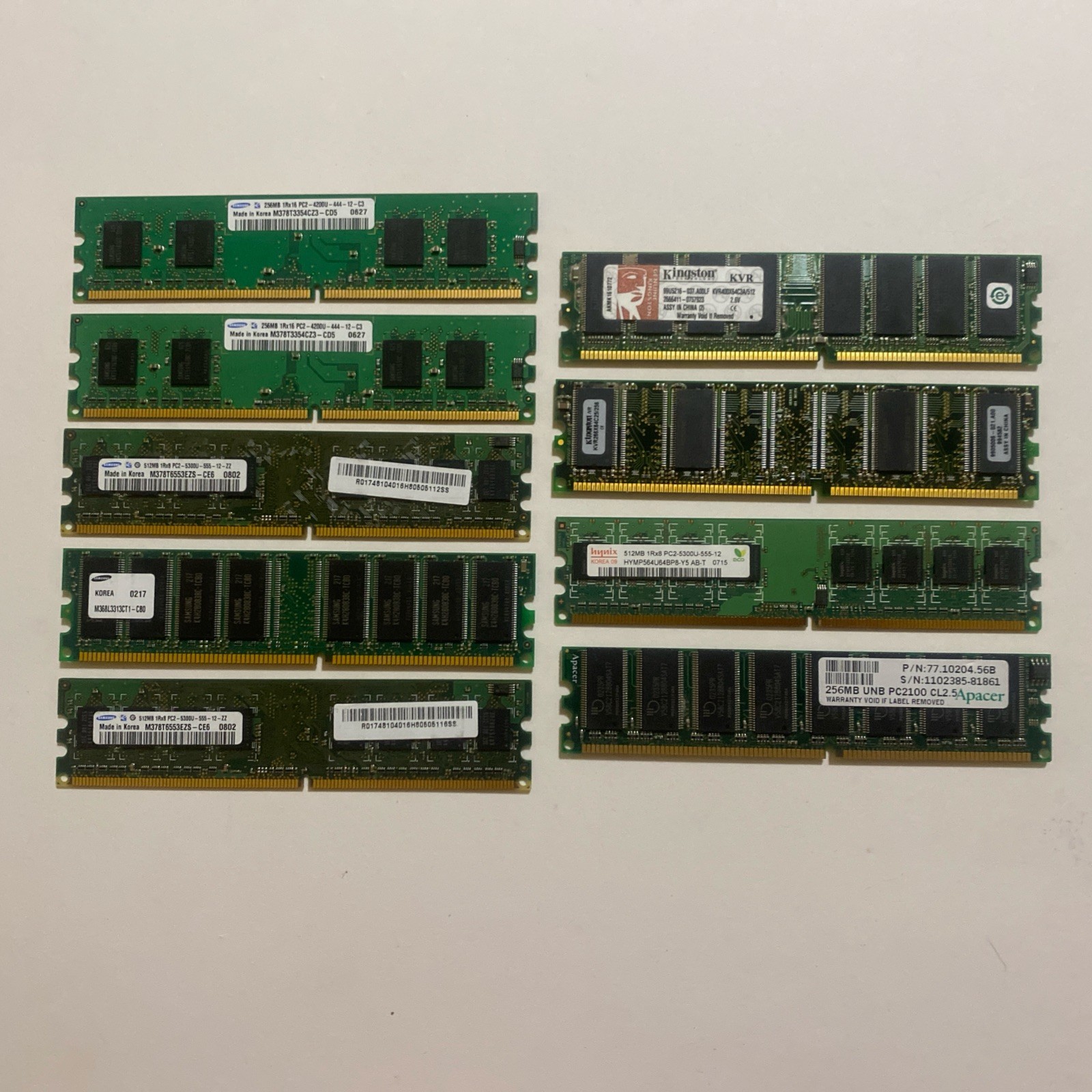 Mixed Lot Of 9x  256MB And 512MB Ram Memory Samsung Kingston Apacer Hynix