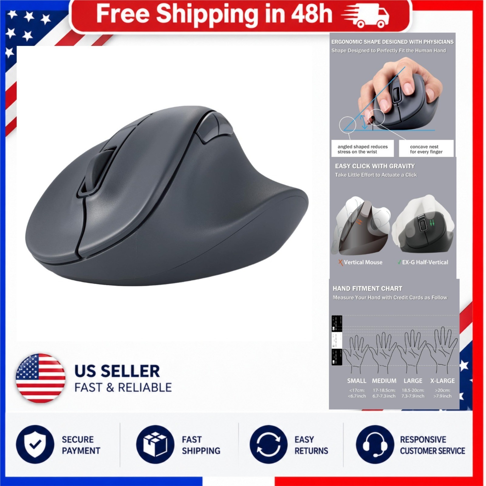 ELECOM EX-G Bluetooth Wireless Ergonomic Mouse Silent Click 2000 DPI Black
