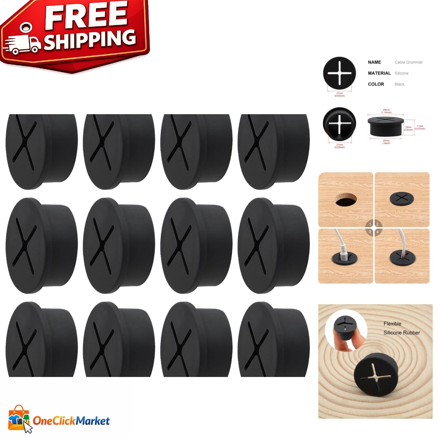 12-Pack 1-Inch Flexible Silicone Desk Grommets for Elegant Cord Management