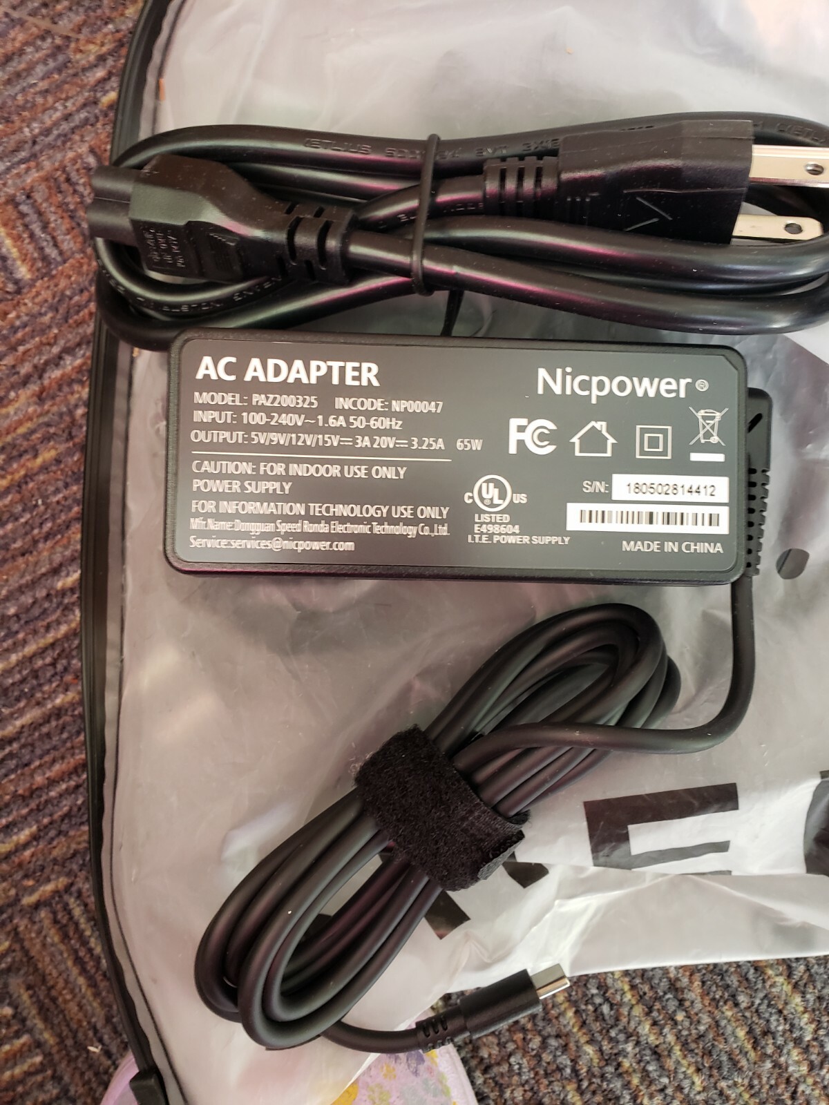 NICPOWER AC ADAPTER PAZ200325 20V 3.25A---NEWW