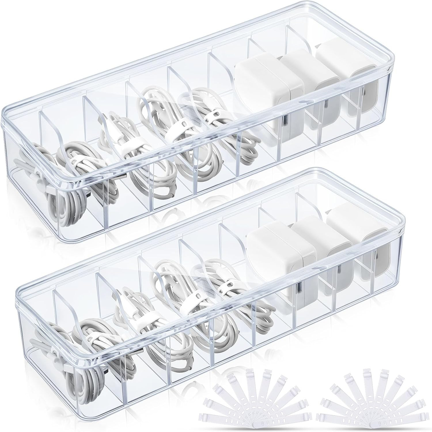 2 Pack Cable Organizer Box with Lid Clear Cord Storage Case & Wire Ties