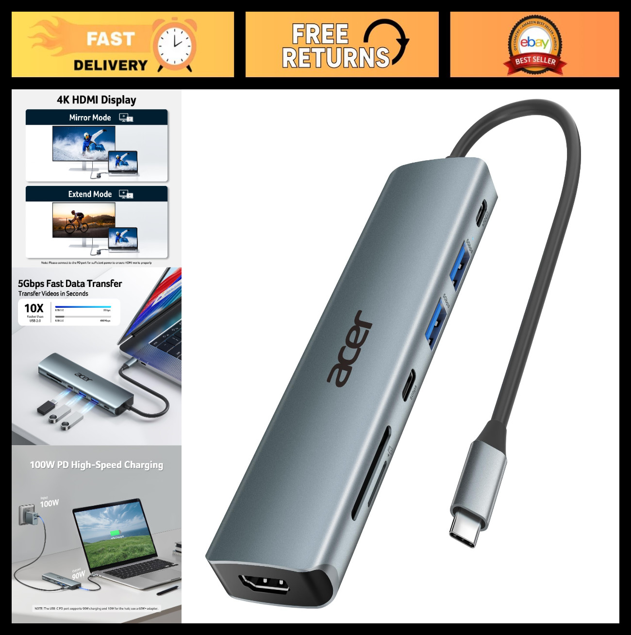 7-in-1 USB C Hub Multi-Port Adapter for Laptop & Mac Type C Devices - Fast Data