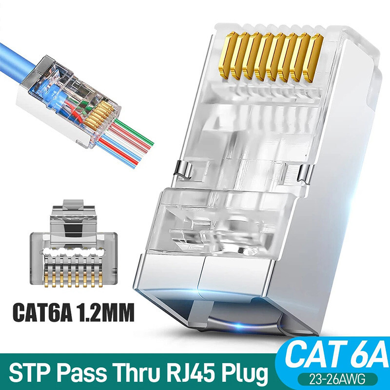 RJ45 Connector Cat6a/6 Shielded Pass Through Connector 24AWG Gold Plated Plugs