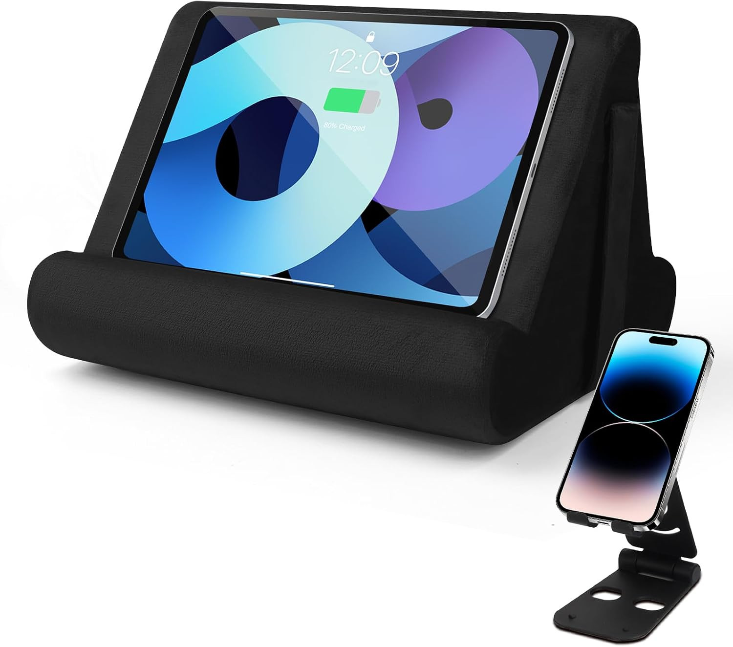 Universal Tablet Cushion Stand - Multi-Angle Lazy Holder with Net Pocket & Phone