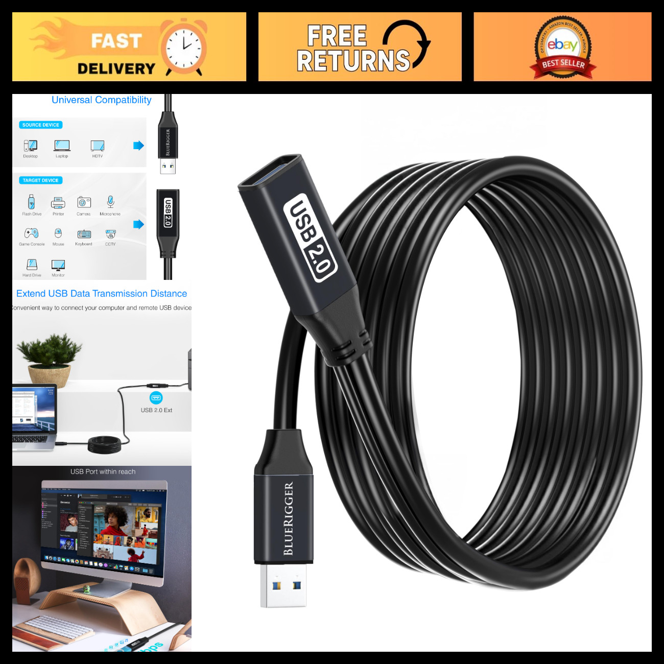 32FT USB Extension Cable - 480 Mbps High-Speed USB Extender Cord for Devices