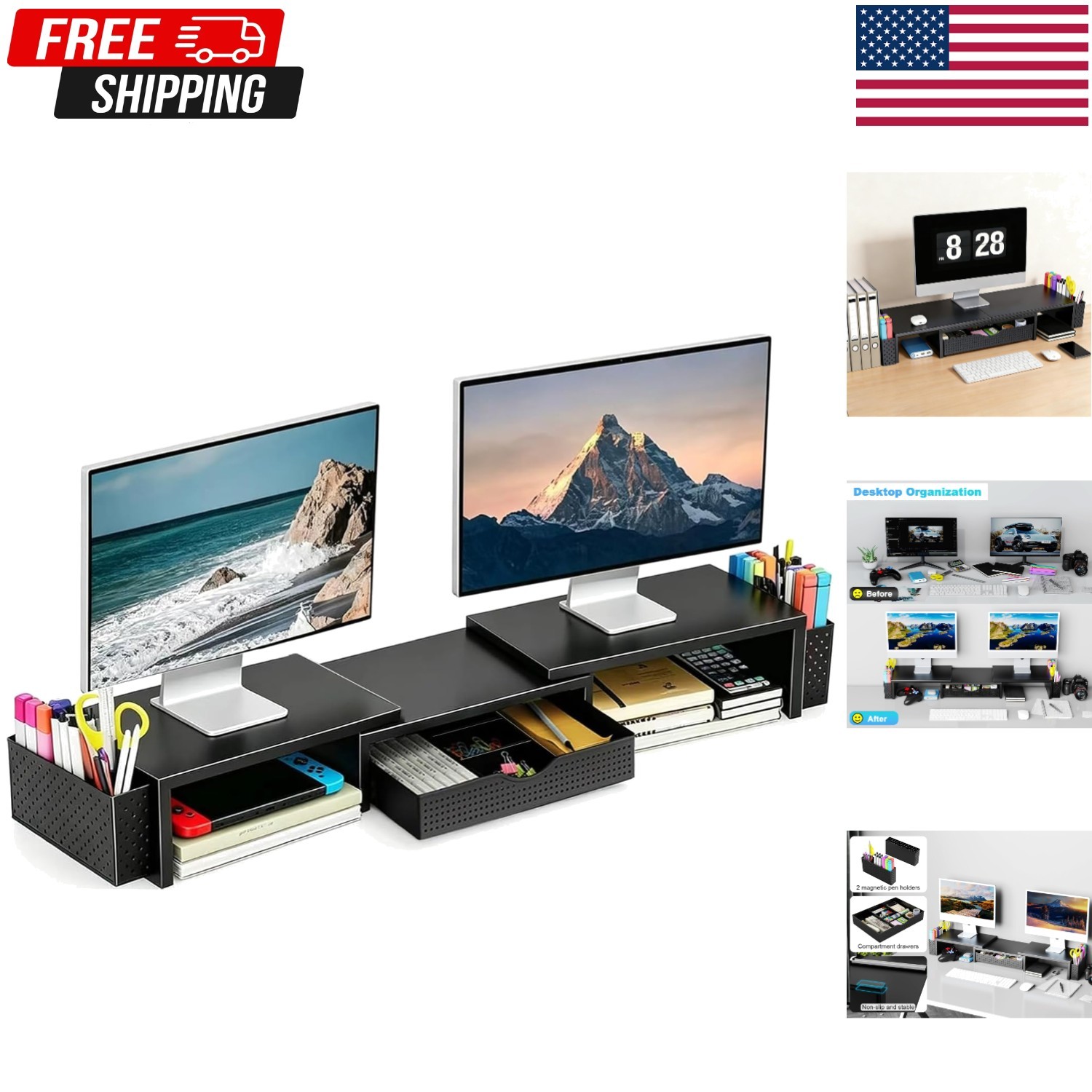 Dual Monitor Stand Riser with Drawer and 2 Pen Holders