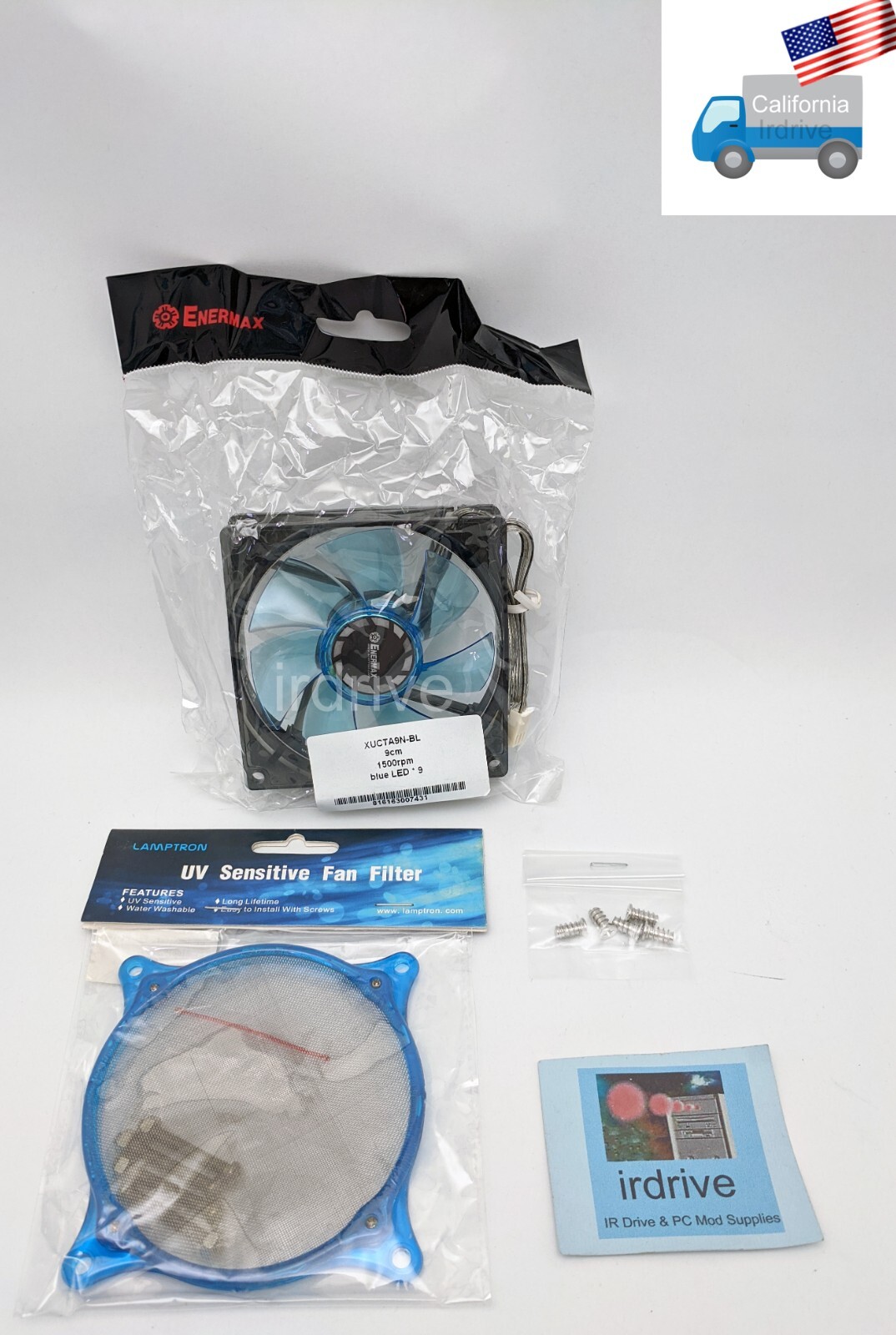 NEW Enermax 90mm Blue LED 3pin 12V PC Case Cooling Fan + UV Sensitive Fan Filter