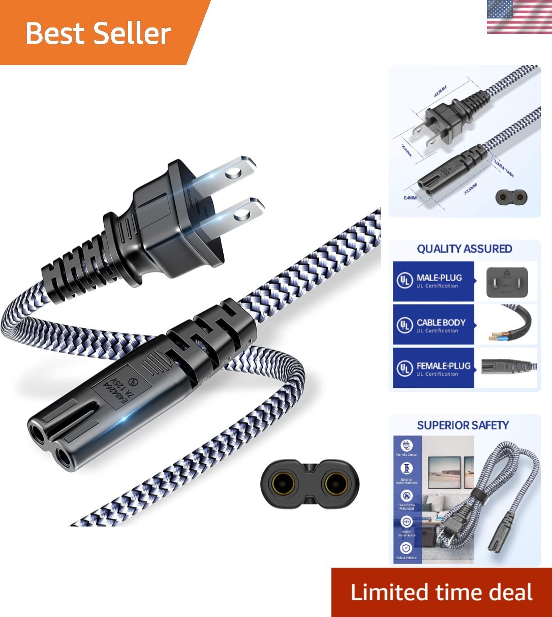 2 Prong Power Cord Braided - 2 pin AC Replacement Power Cable 10ft/3m,7A 125V...