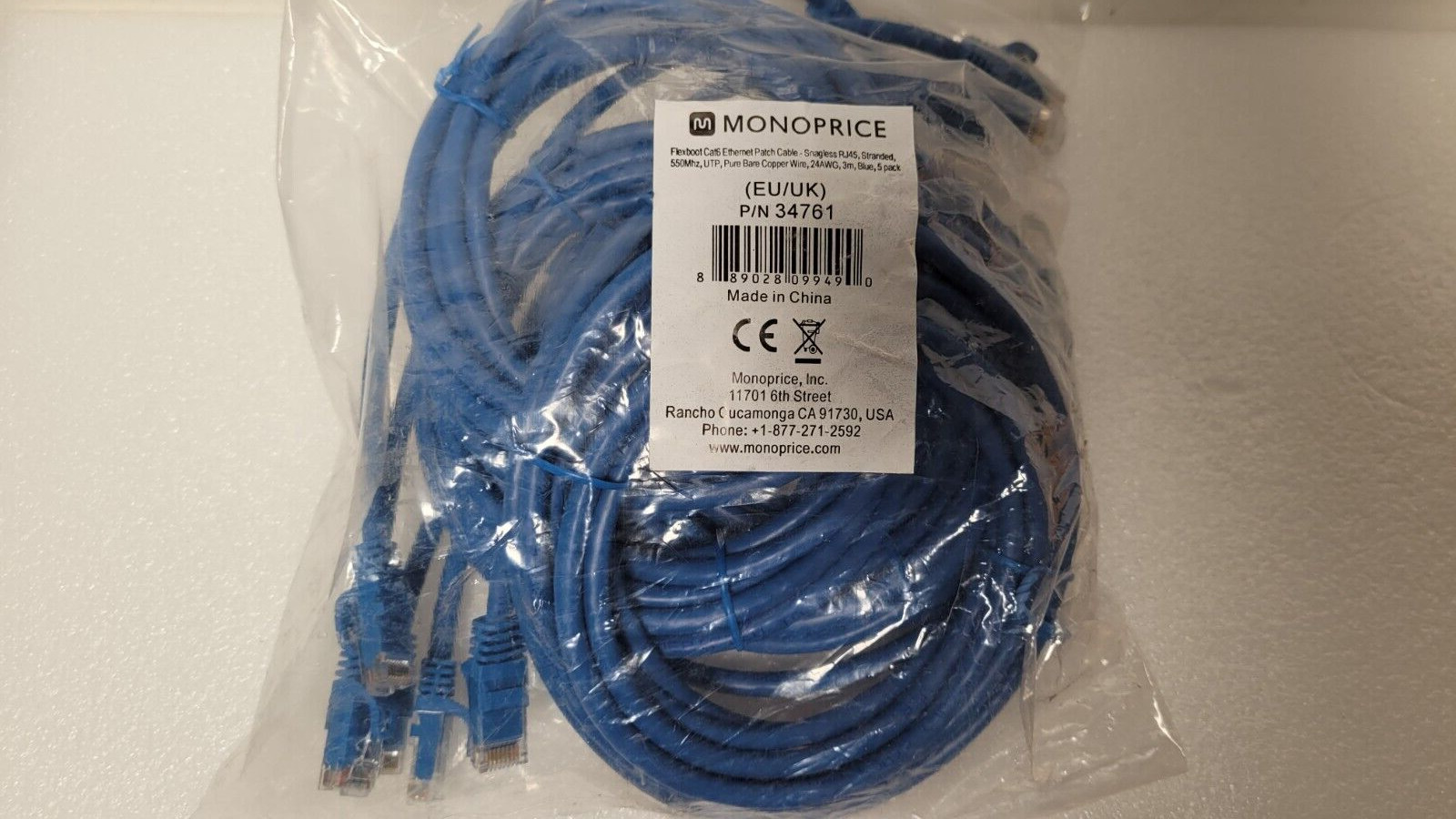5-pack MONOPRICE Cat.6 Ethernet Patch Cable 3m Snagless RJ45 UTP 24AWG Blue NEW