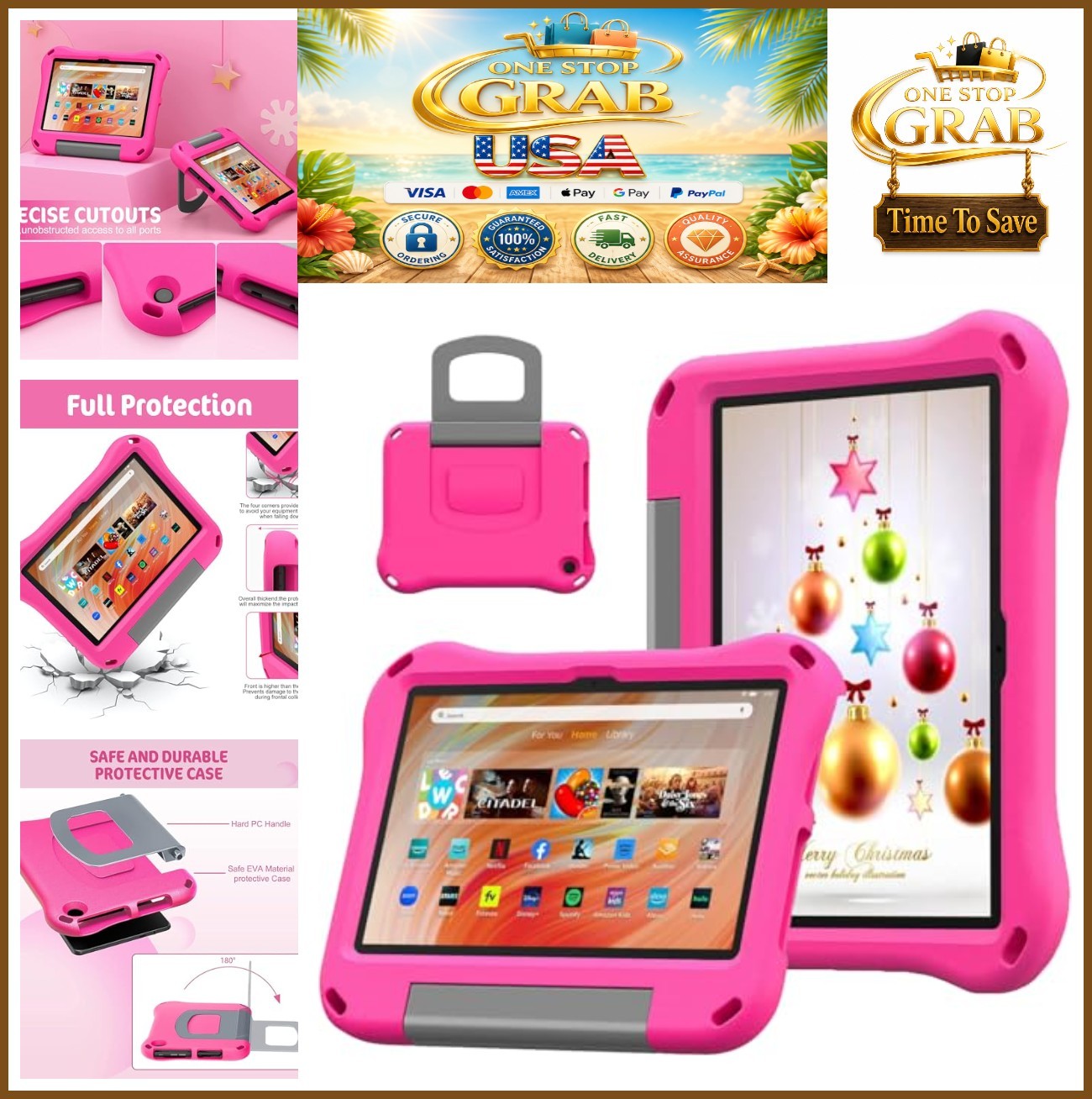 Tablet Case for Kids 10.1 Inch Shockproof EVA Foam Handle Kickstand Pink Fire