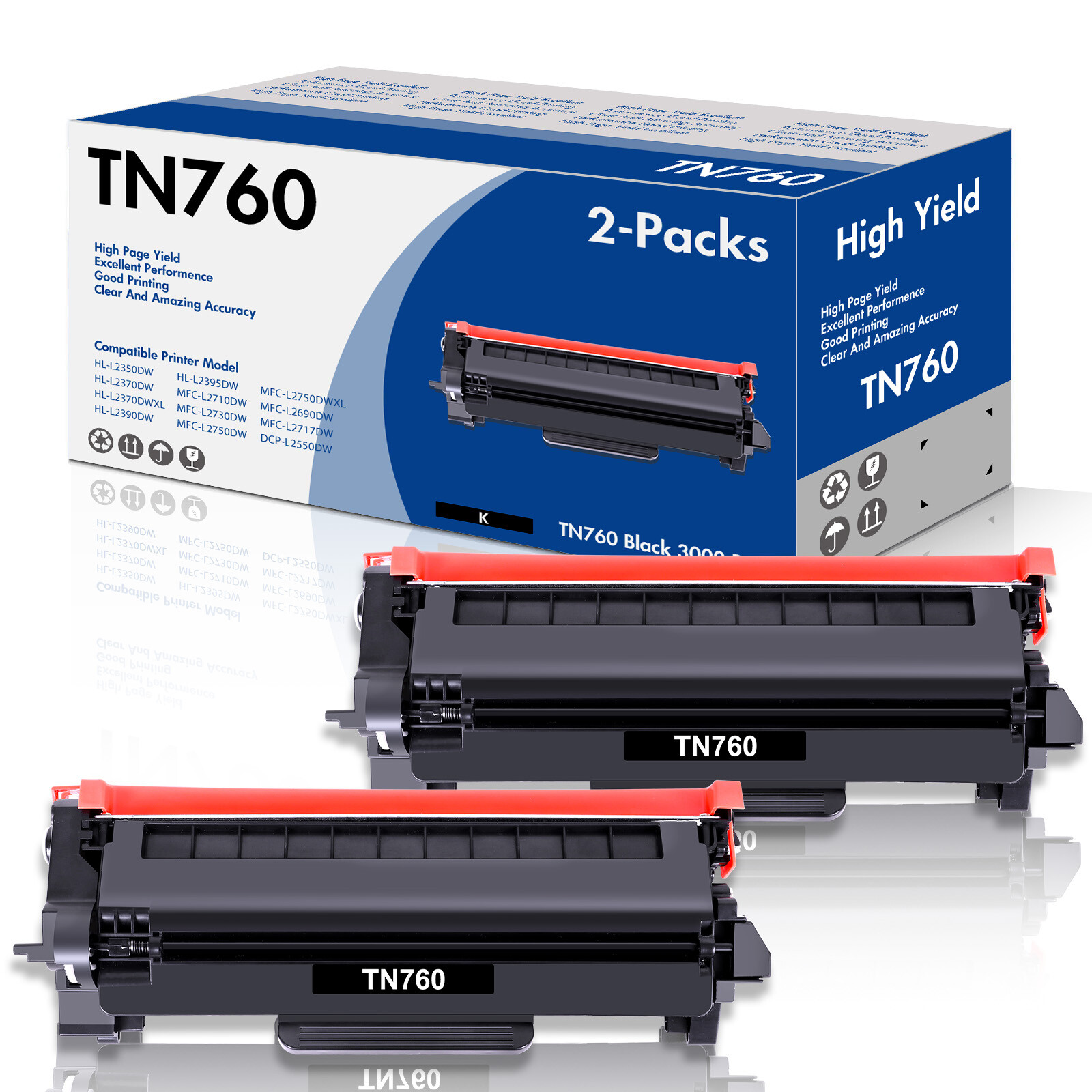 2PK TN760 High Yield Toner Cartridge Replacement for Brother MFC-L2717DW Printer