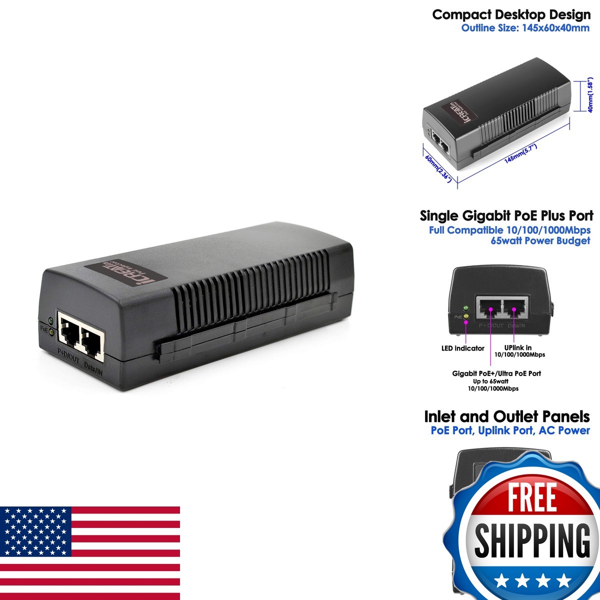 iCreatin 60W Gigabit PoE+ Injector 10/100/1000Mbps PoE++ IEEE 802.3af/at/bt