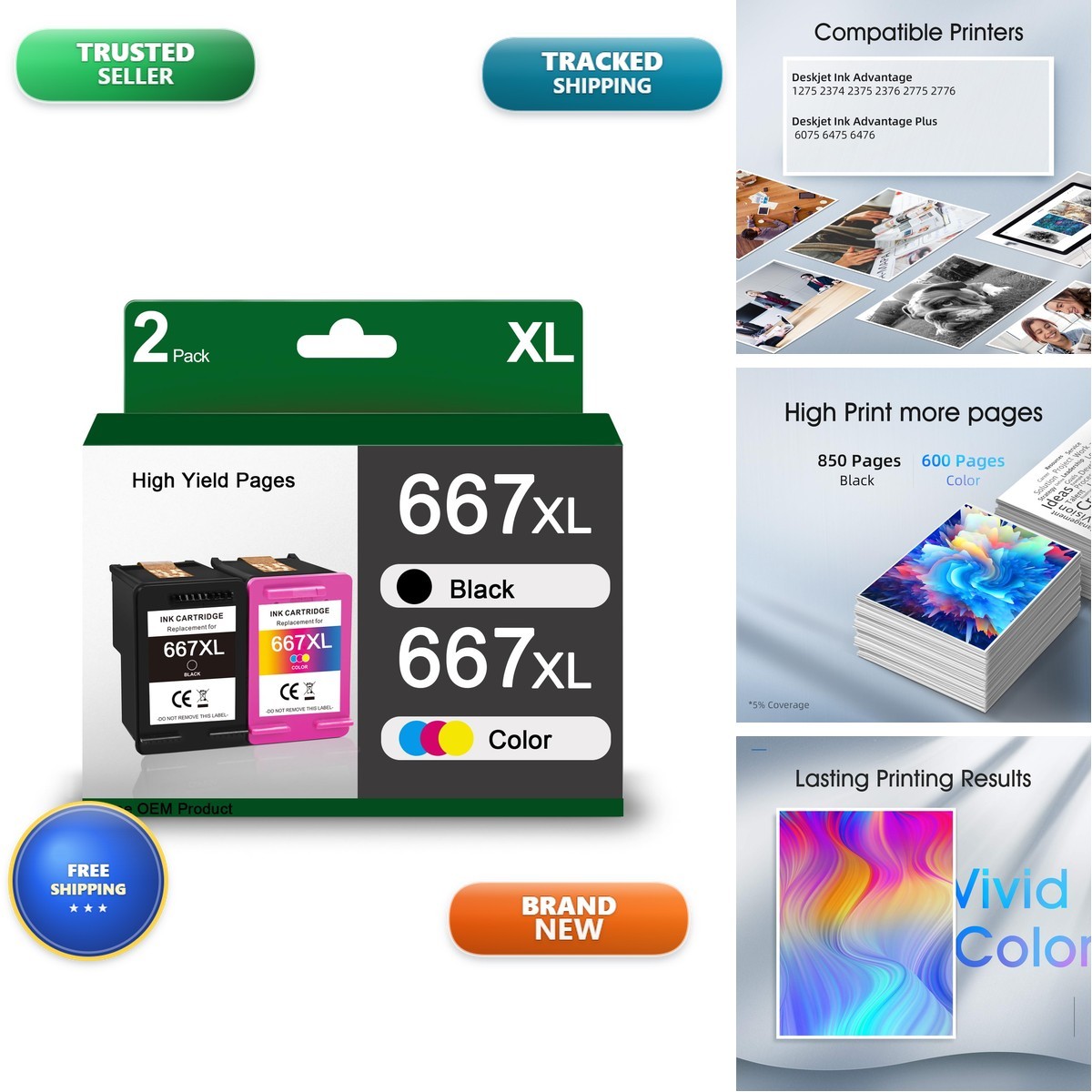 VINKVINK 667XL Black and Color 2 Pack for HP Deskjet 1275 2375 2775 6075 6475