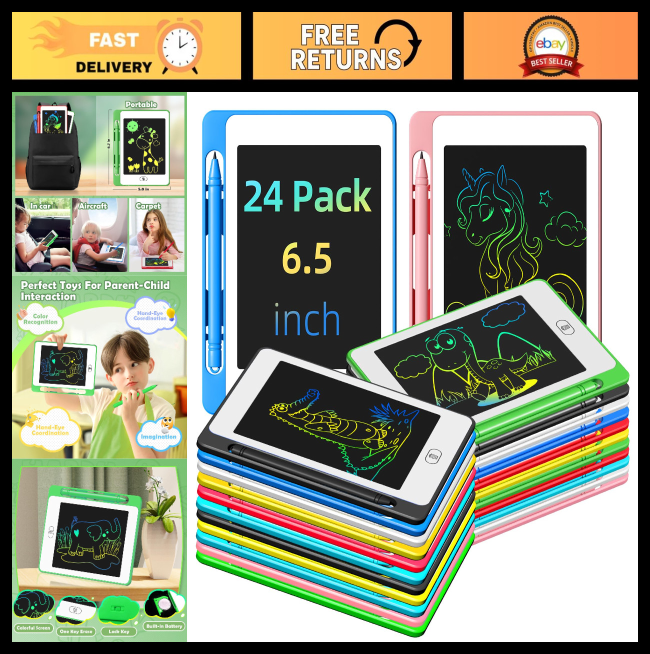 24 Pack Colorful LCD Writing Tablets, 6.5" Doodle Boards, Erasable Drawing Pads,