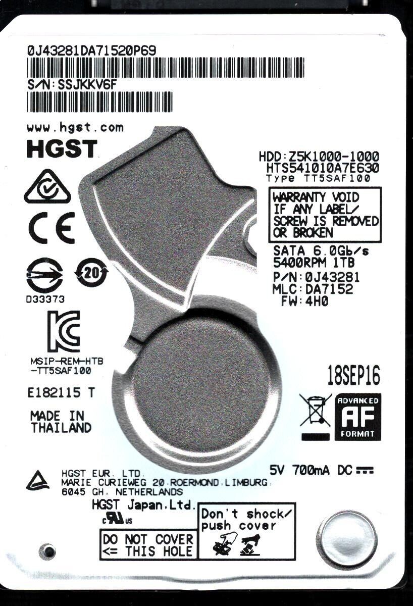 HTS541010A7E630 P/N: 0J43281 MLC: DA7152 THAILAND SEP 2016 HGST 1TB