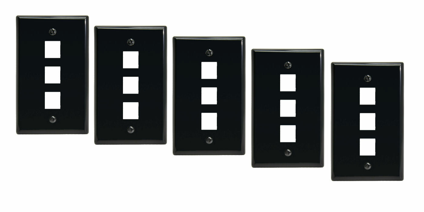 5 Pcs 3 Port Hole Keystone Snap In Insert Jack HDMI RJ45 1-Gang Wall Plate Black