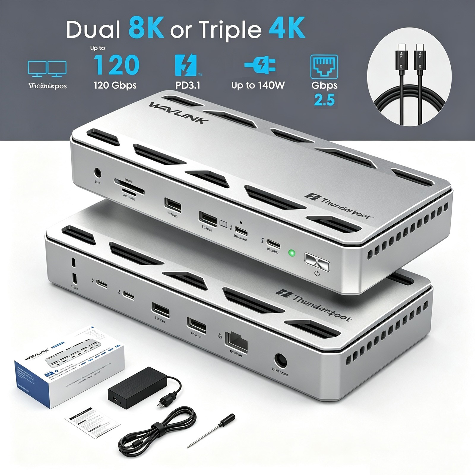 WAVLINK Thunderbolt 5 Dock TBT5 Docking Station 3xTB 5 Intel Certified 140W PD