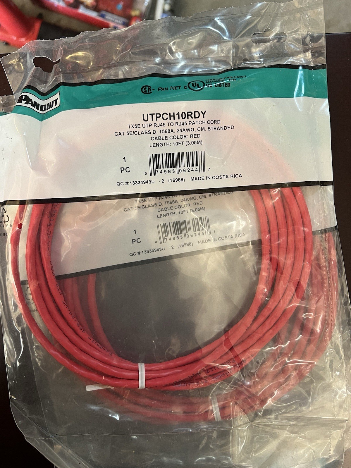 Panduit UTPCH10RDY CAT 5E Red UTP Patch Cable 10ft RJ45