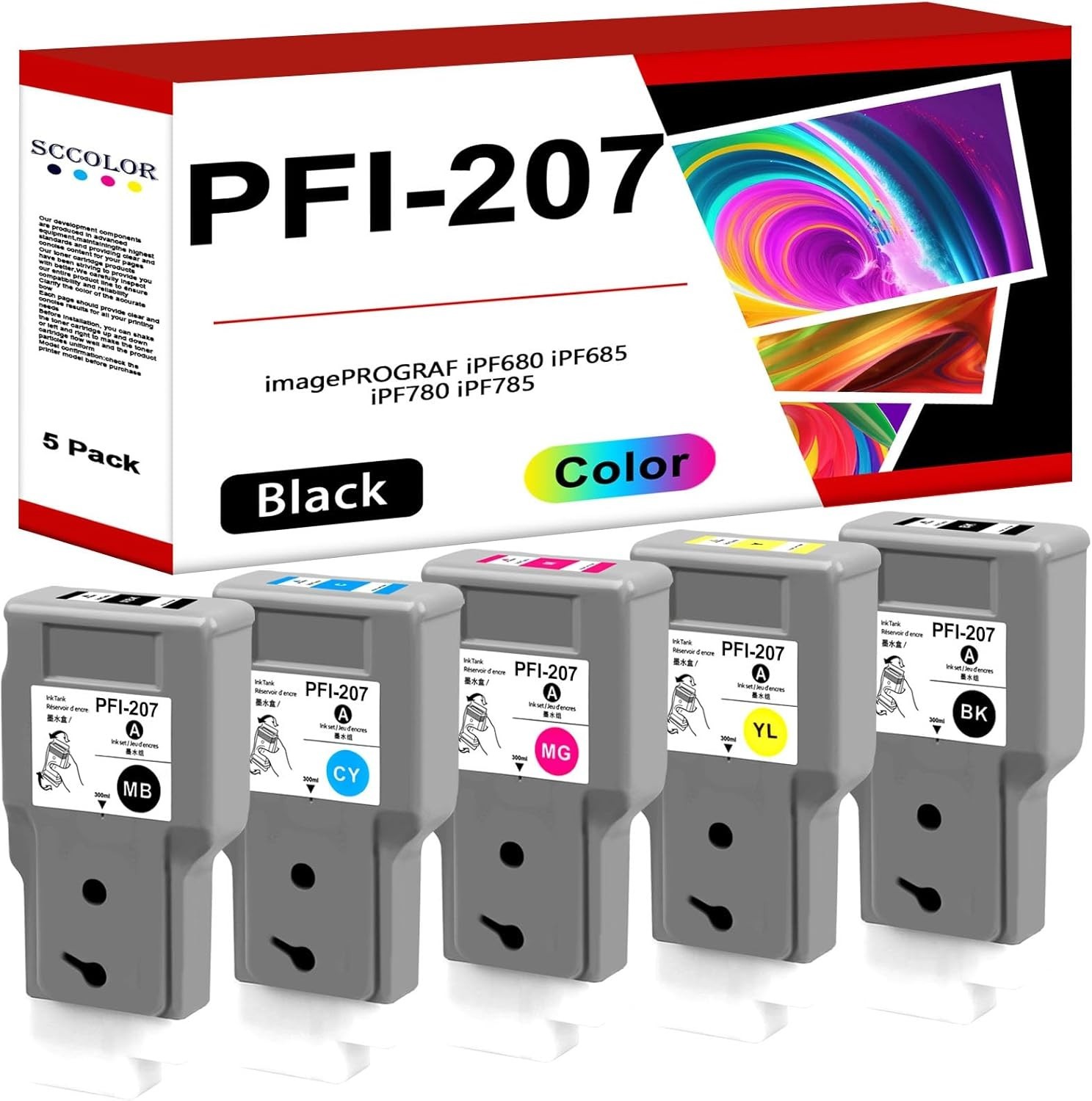 5Pck 300ML PFI-207 Ink/PFI207 Pigment Ink Tank Bundle FOR Canon PFI-207MBK PFI-2