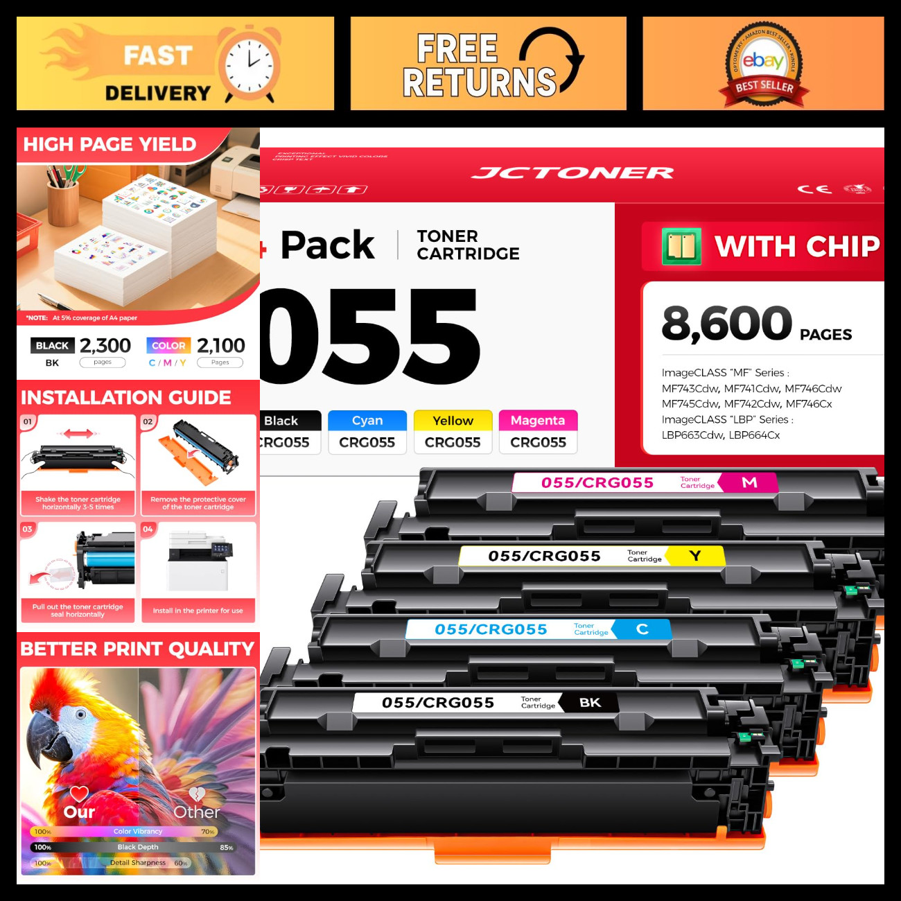Toner Cartridge Set 4-Pack Compatible for Canon 055 CRG-055H - Black Cyan Yellow