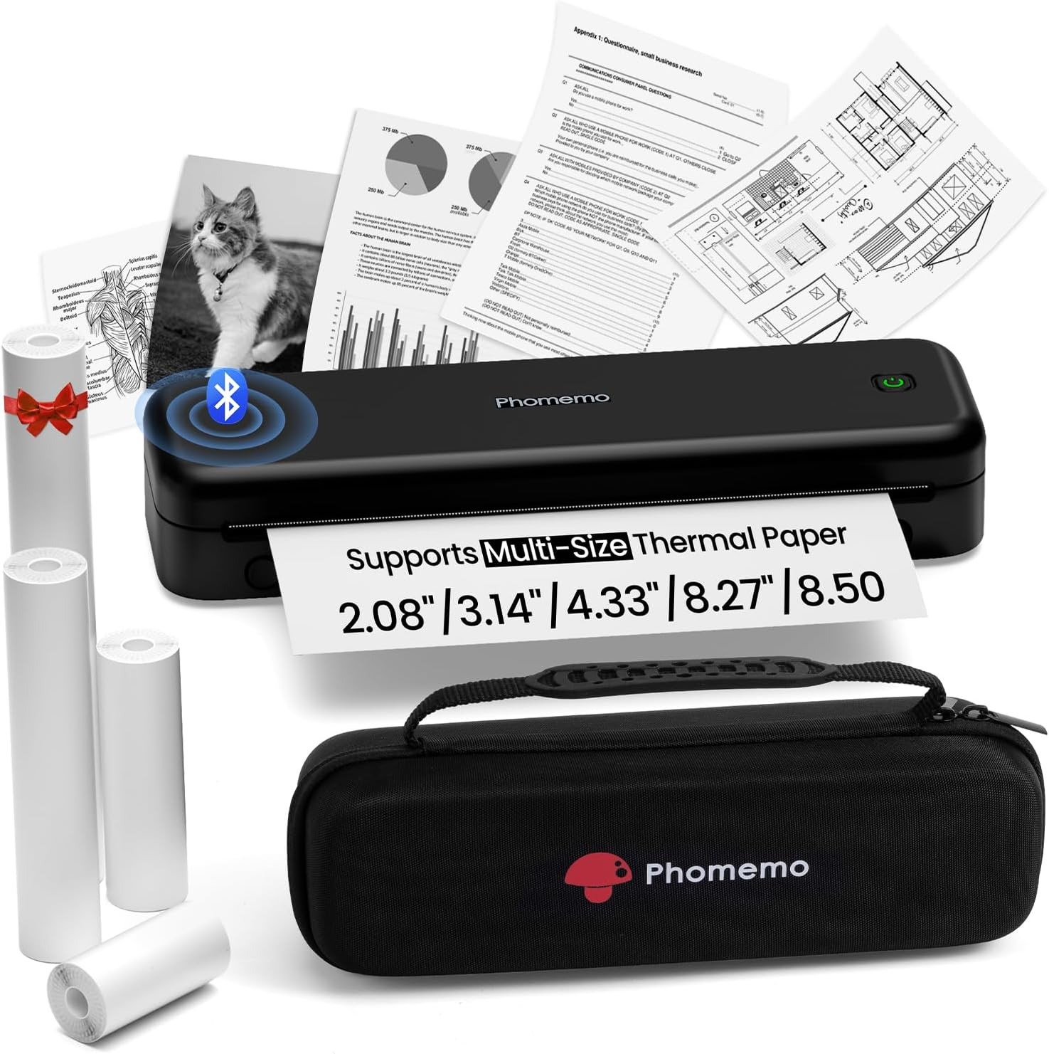 M834 Inkless Portable Thermal Printer with a Case, 8.5 X 11, Black