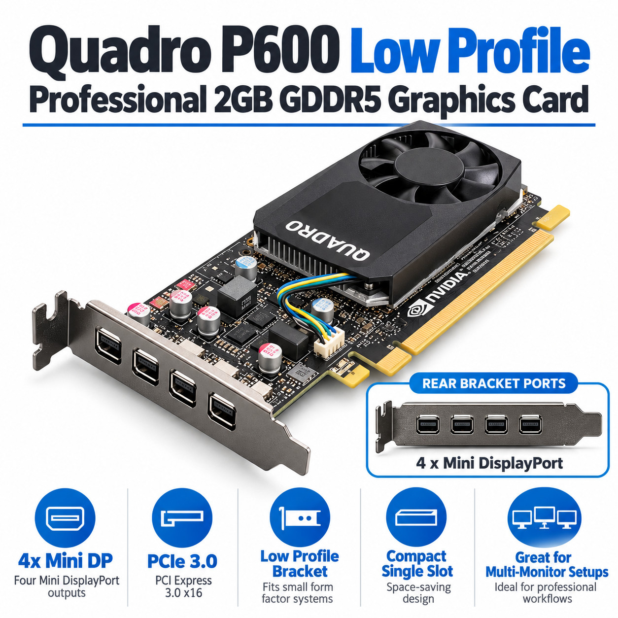 NVIDIA Quadro P600 2GB GDDR5 Low Profile Graphics Card 4x Mini DP PCIe