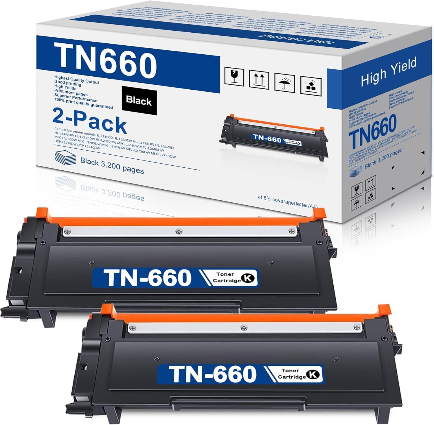 2PK High Yield TN660 Toner Cartridge for Brother MFC-L2700DW HL-L2300D