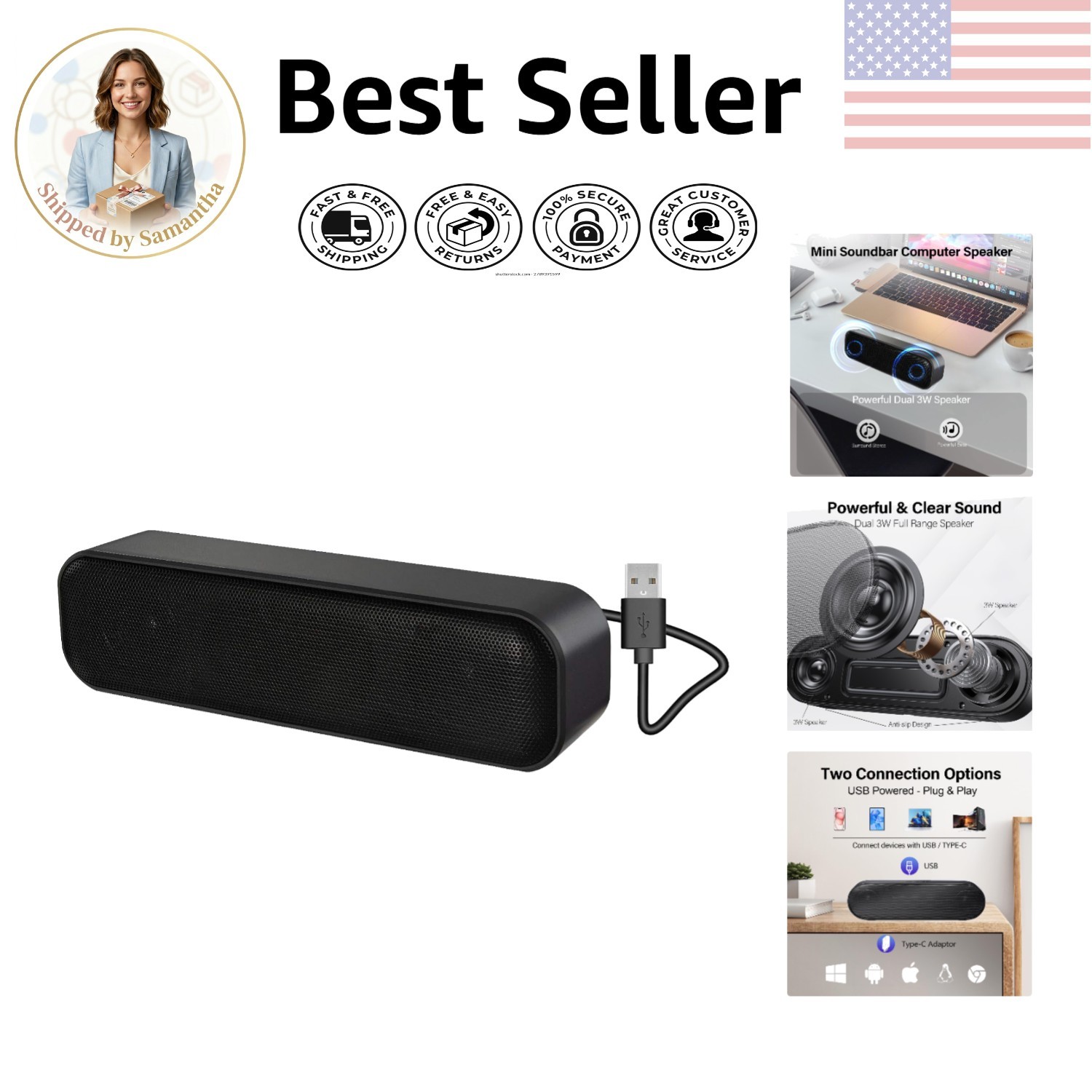 Plug and Play USB Speaker: Portable Soundbar with Clear Audio for PCs & Laptops