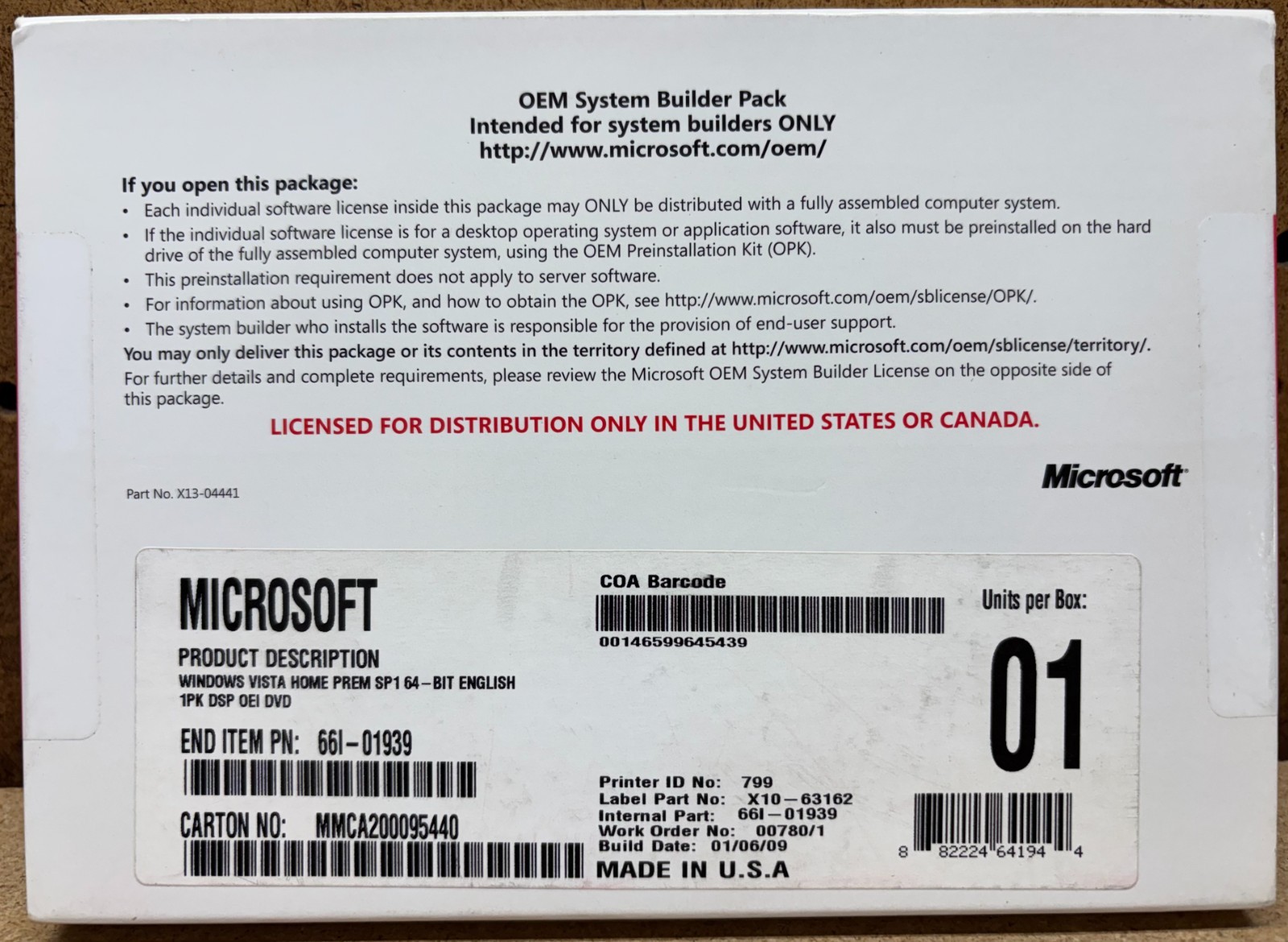 Microsoft OEM System Builder Pack Windows Home Prem SP1 64-bit English New