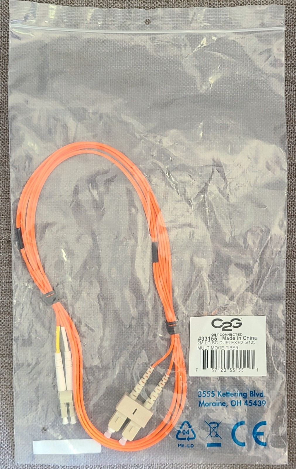 C2G #33155 2M LC SC DUPLEX 62.5/125 MULTIMODE FIBER OPTIC CABLE NEW