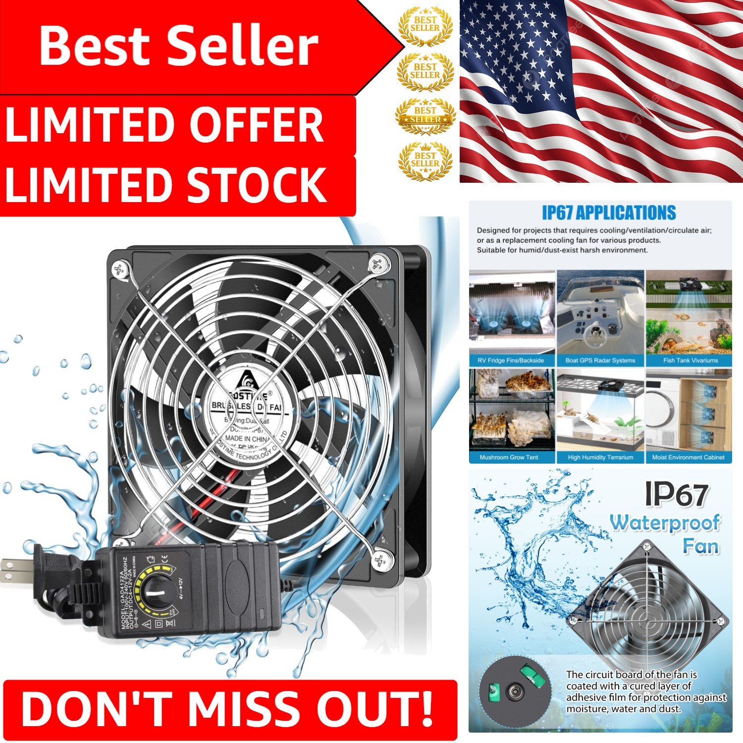 Reliable Waterproof Cooling Fan - 120mm with Speed Adjustment for Diverse Uses