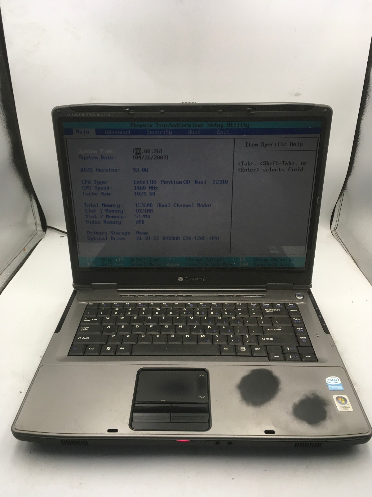 GATEWAY MA8 ML6720 - BOOTS TO BIOS - INTEL PENTIUM T2310 - 1.5GB RAM - READ - BB