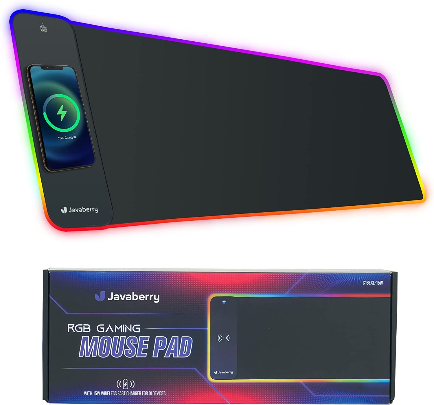 JAVABERRY Premium 35.4" long RGB Gaming Mouse Pad with 15W Wireless Fast Charger