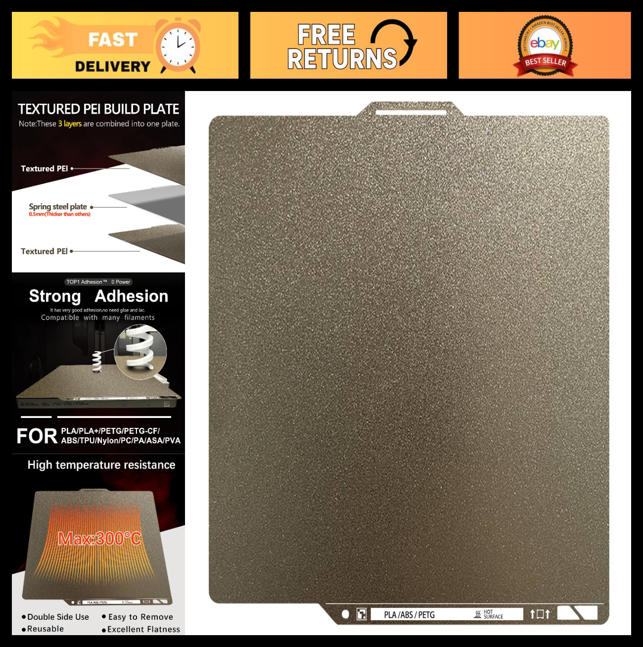 Thicker Textured PEI Plate 0.77mm with QR Code for 3D Printers - 257x257mm Flexi