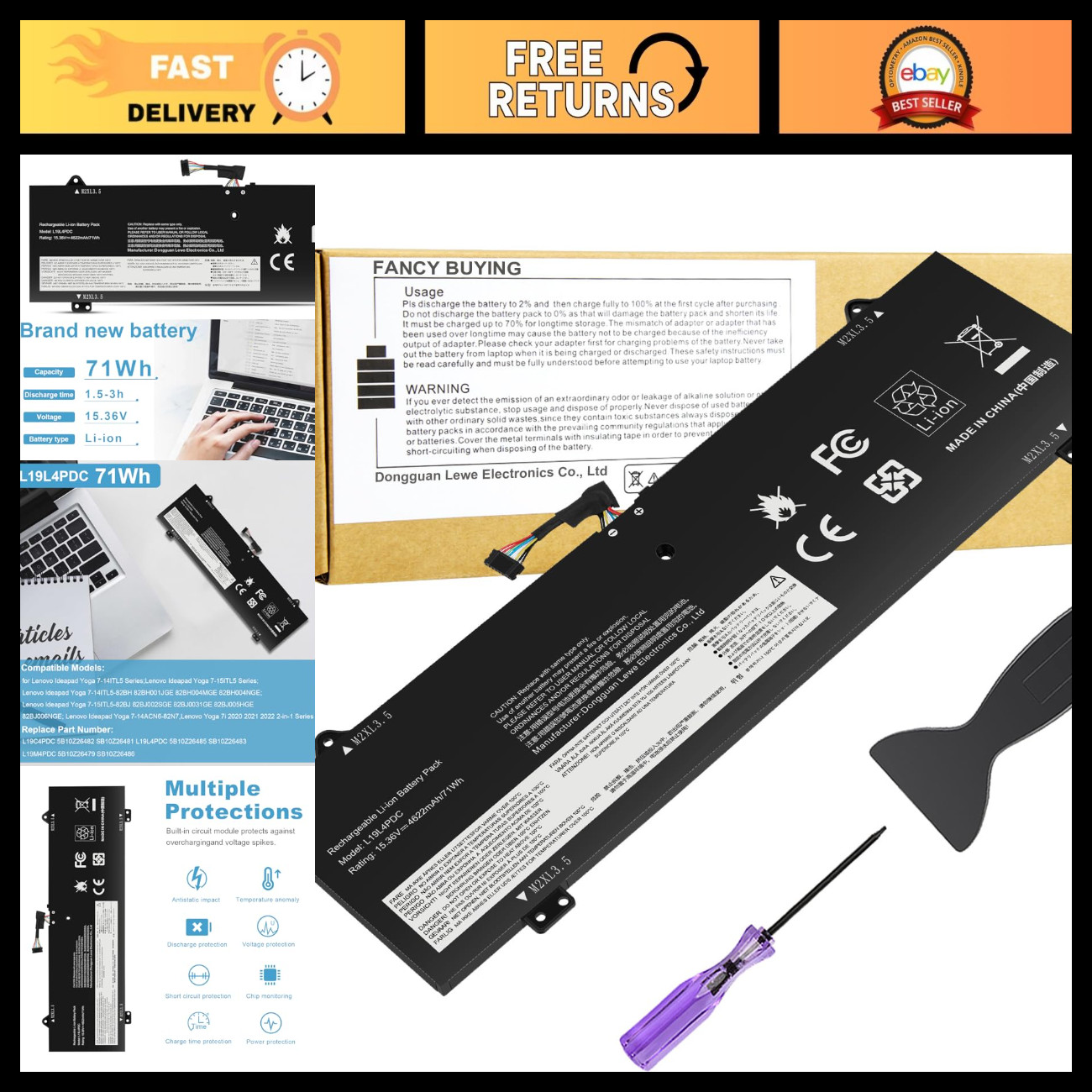 Battery Replacement for Lenovo Ideapad Yoga 7 Series 2-in-1, 15" Models, High Ca