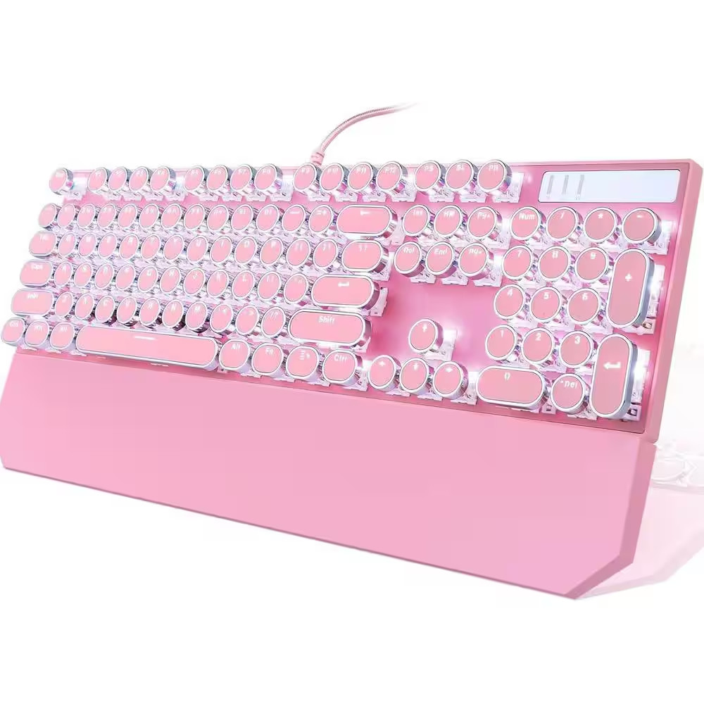 Typewriter Style Mechanical Gaming Keyboard Pink Retro Punk with White Backlit 1