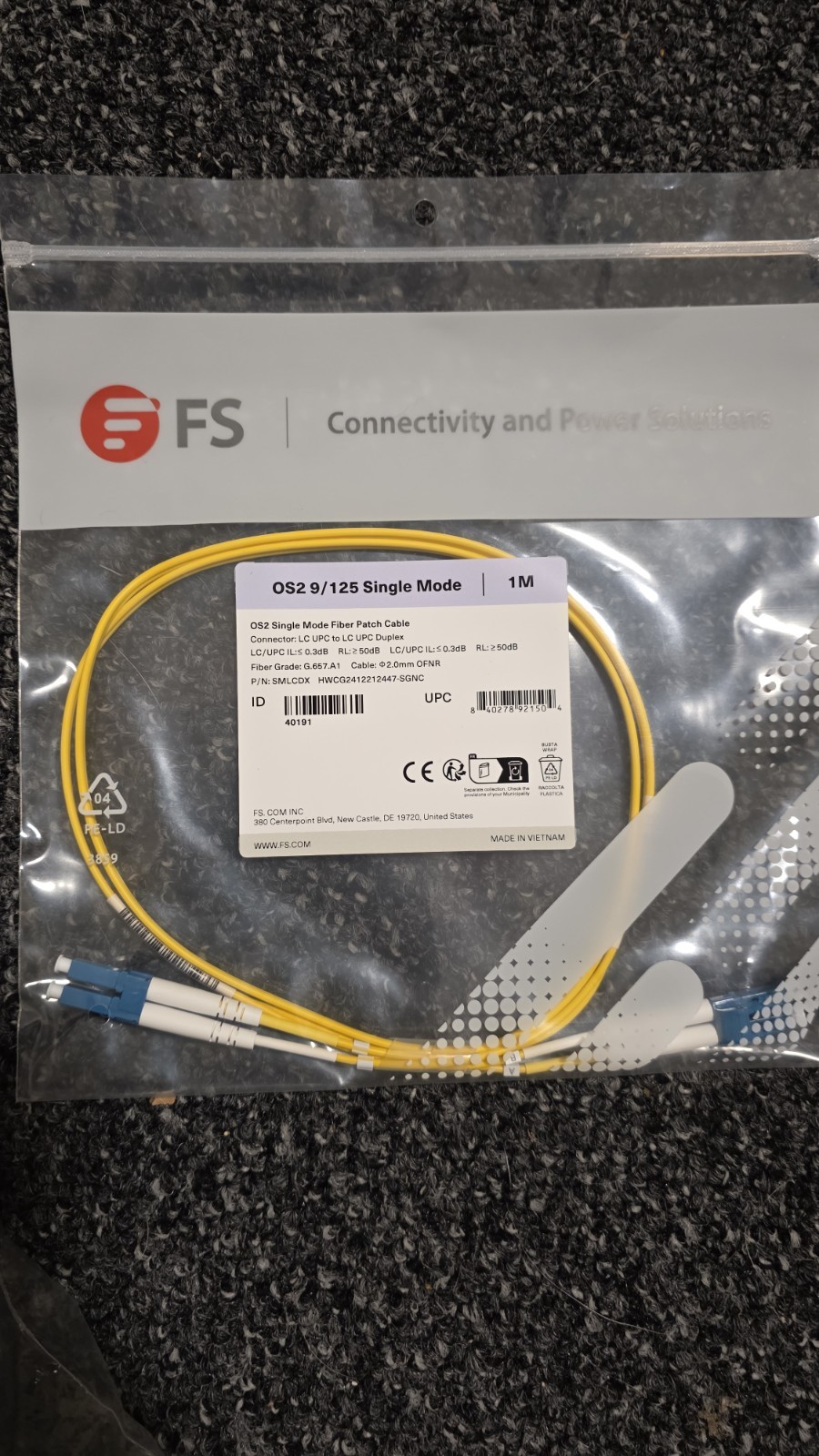FS OS2 Single Mode Fiber Patch Cables- 1M - LC UPC to LC UPC Duplex 