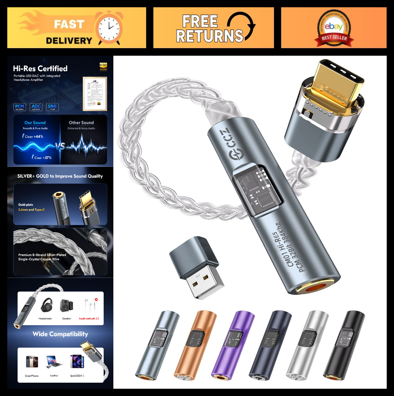 USB C DAC Audio Adapter & Headphone Amplifier - High-Quality Sound, Portable Des