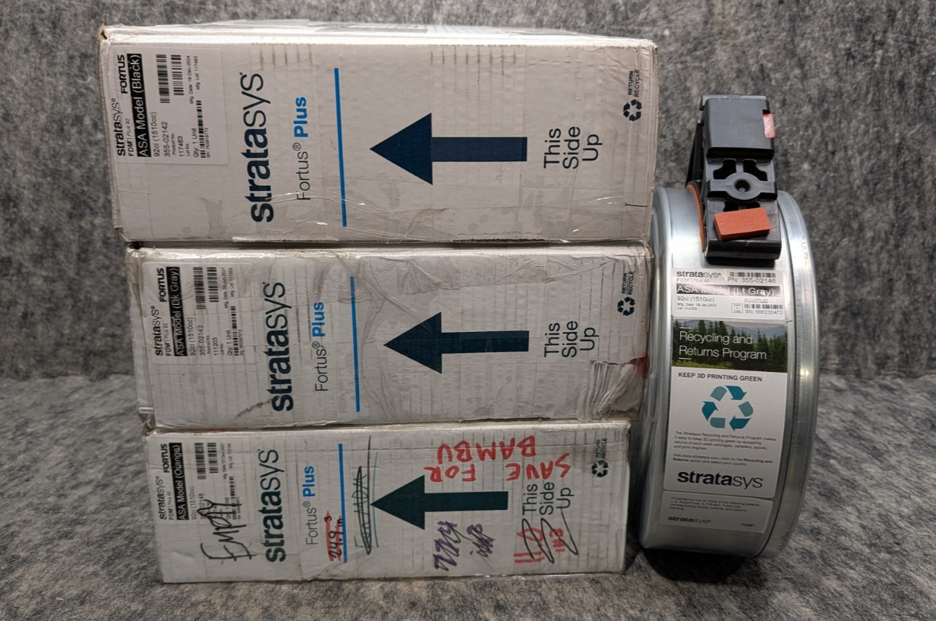 3 x Fortus Stratasys FDM / Plus 92  ASA Model EMPTY Canisters