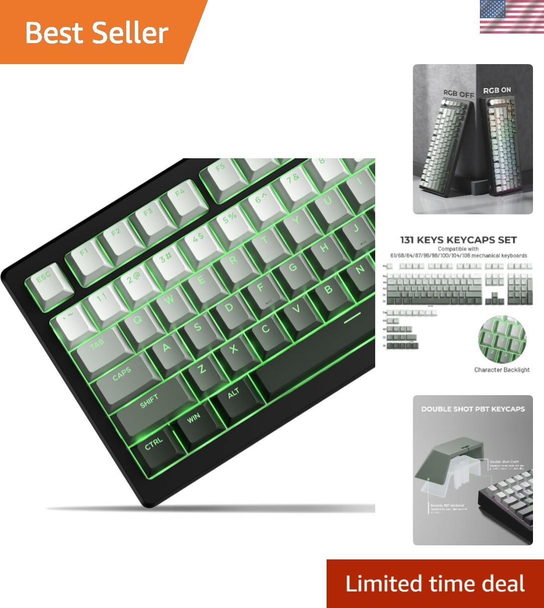 Ergonomic XVX Green Gradient Doubleshot Keycap Set - 60/75/100% Compatibility