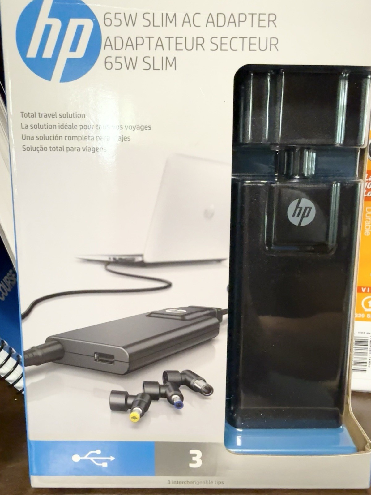 HP 65W Slim AC Adapter Charge Multiple Devices 3 Tips Laptop Charger Replacement